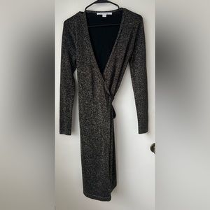 Diane Von Furstenberg Black Lurex Knit Long Sleeve Wrap Dress Small